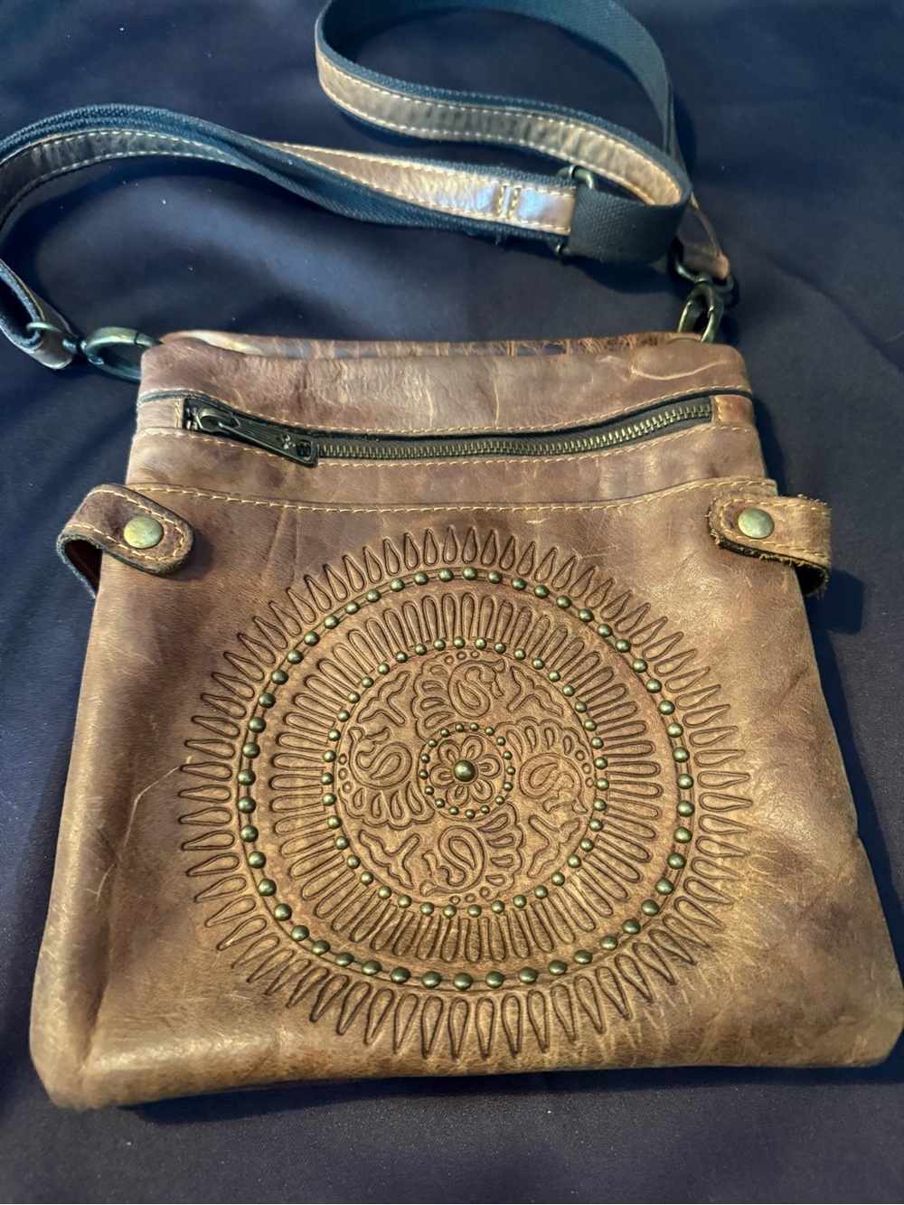 Patricia Nash Francesca Leather Tooled Studded Mandala Crossbody Bag Tan